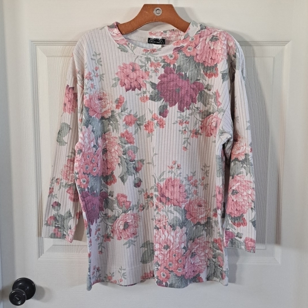 Vintage Erika & Company Super Oversized Floral 3/4 Sleeve Cotton Blend Top Tunic